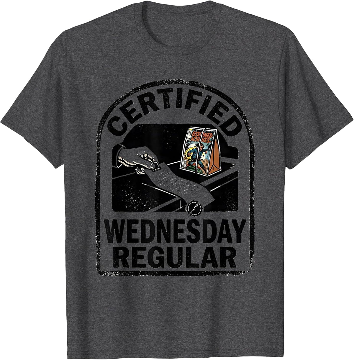 Men's Certified Wednesday Regular Rubber Stamp Comic Book T-Shirt - Dark Heather Grey