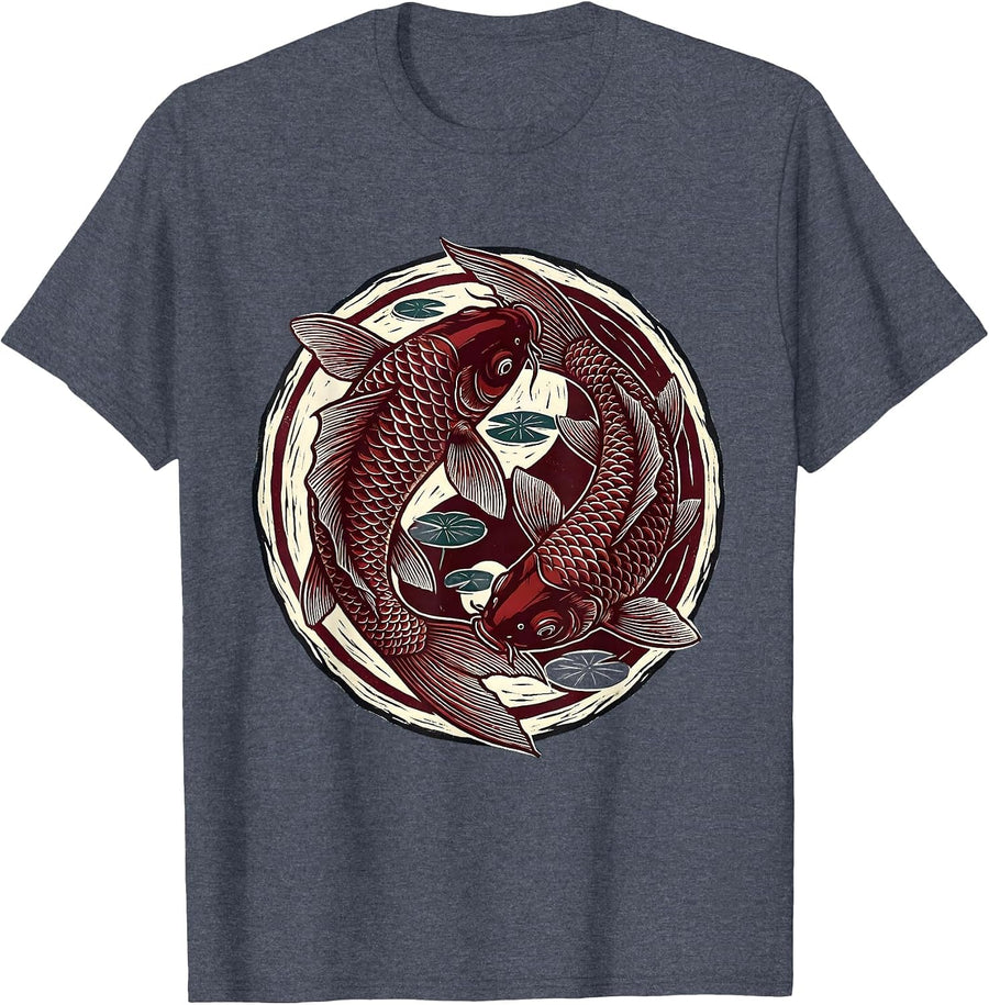 Koi Fish Circling Round Pond Illustration T-Shirt - Heather Blue