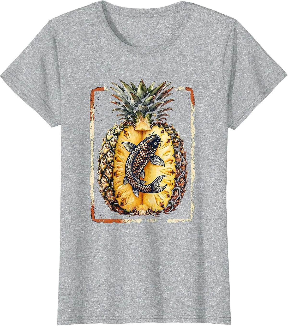 Women's Pineapple Koi Fish Split Fruit Graphic Design T-Shirt - Heather Grey