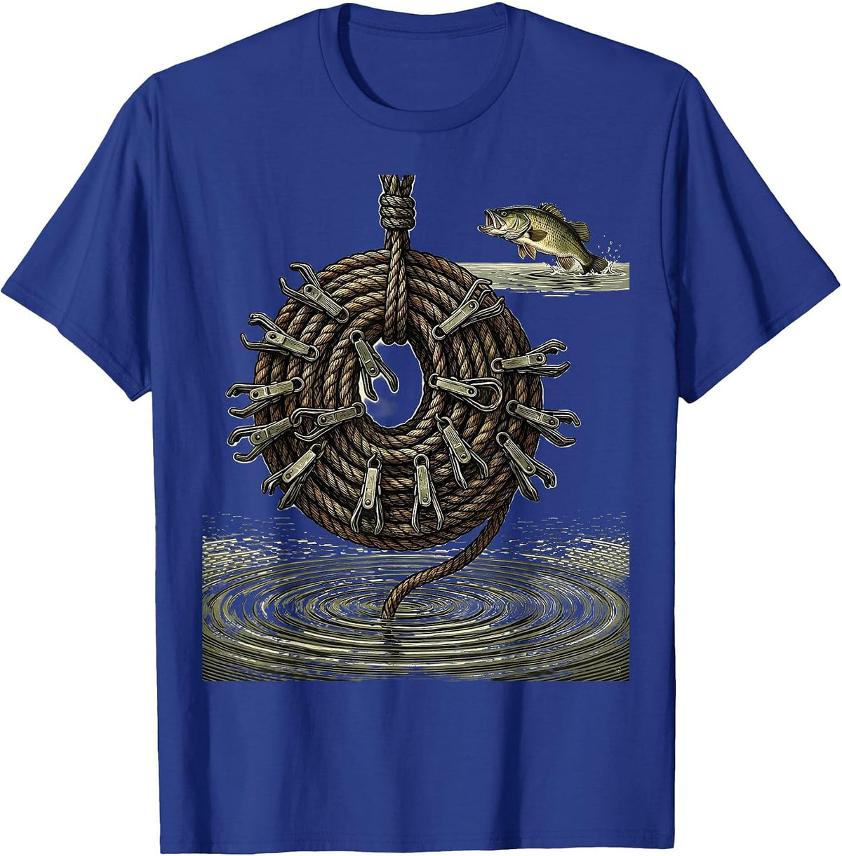 Men's Vintage Engraved Fish Stringer Funny Bass Fishing Humor T-Shirt - Royal Blue