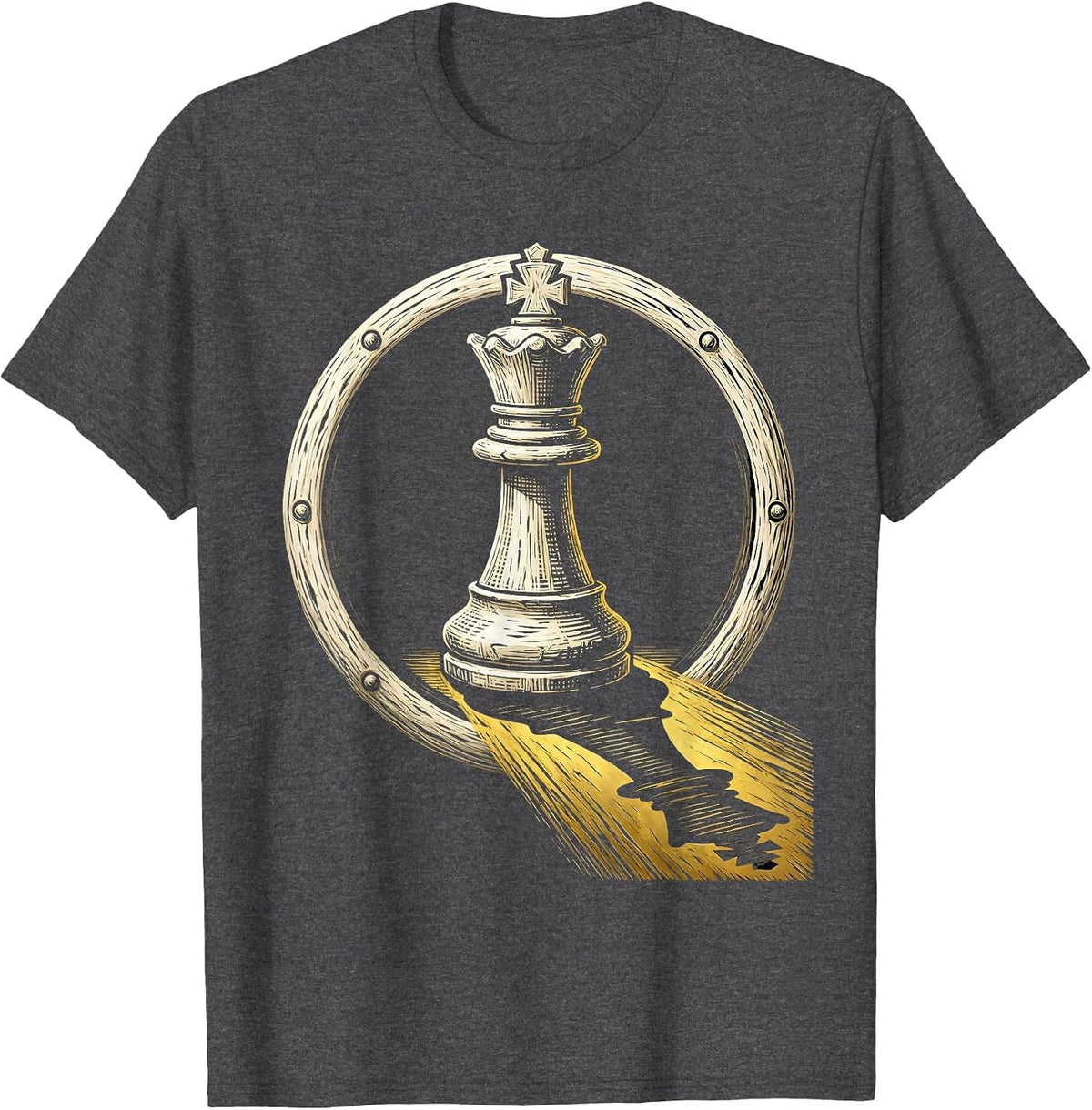 Black Chess King Piece Gold Shadow Design T-Shirt - Dark Heather Grey