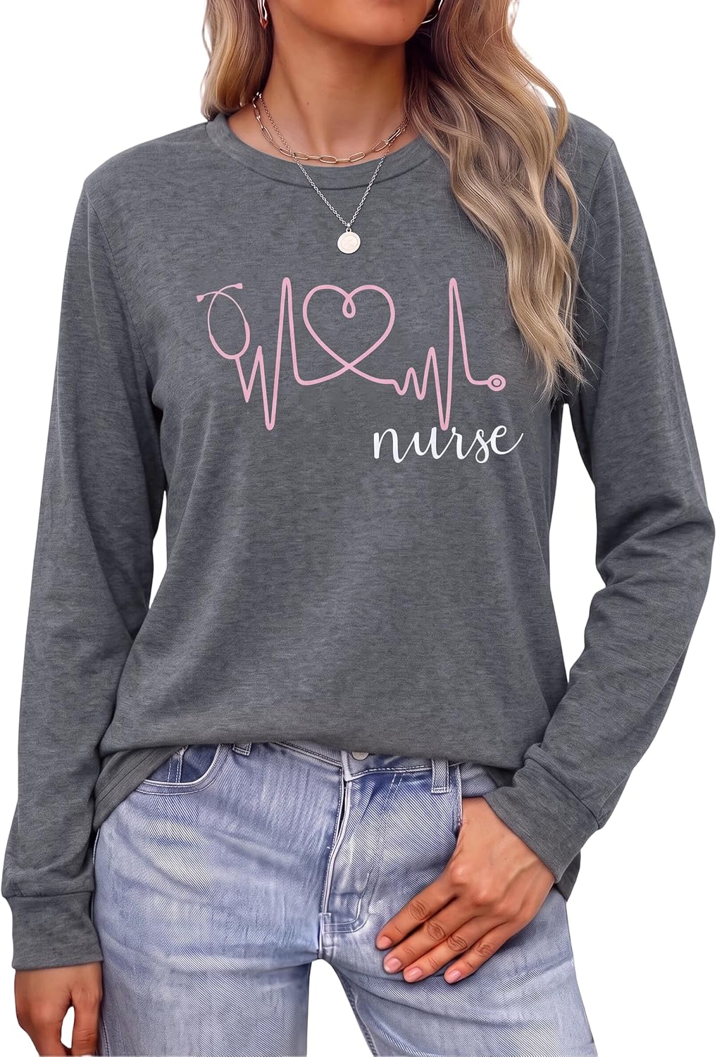 SFHFY Nurse Shirts Women: Nurse Life T-Shirt Casual Heartbeat Graphic Tee - Grey