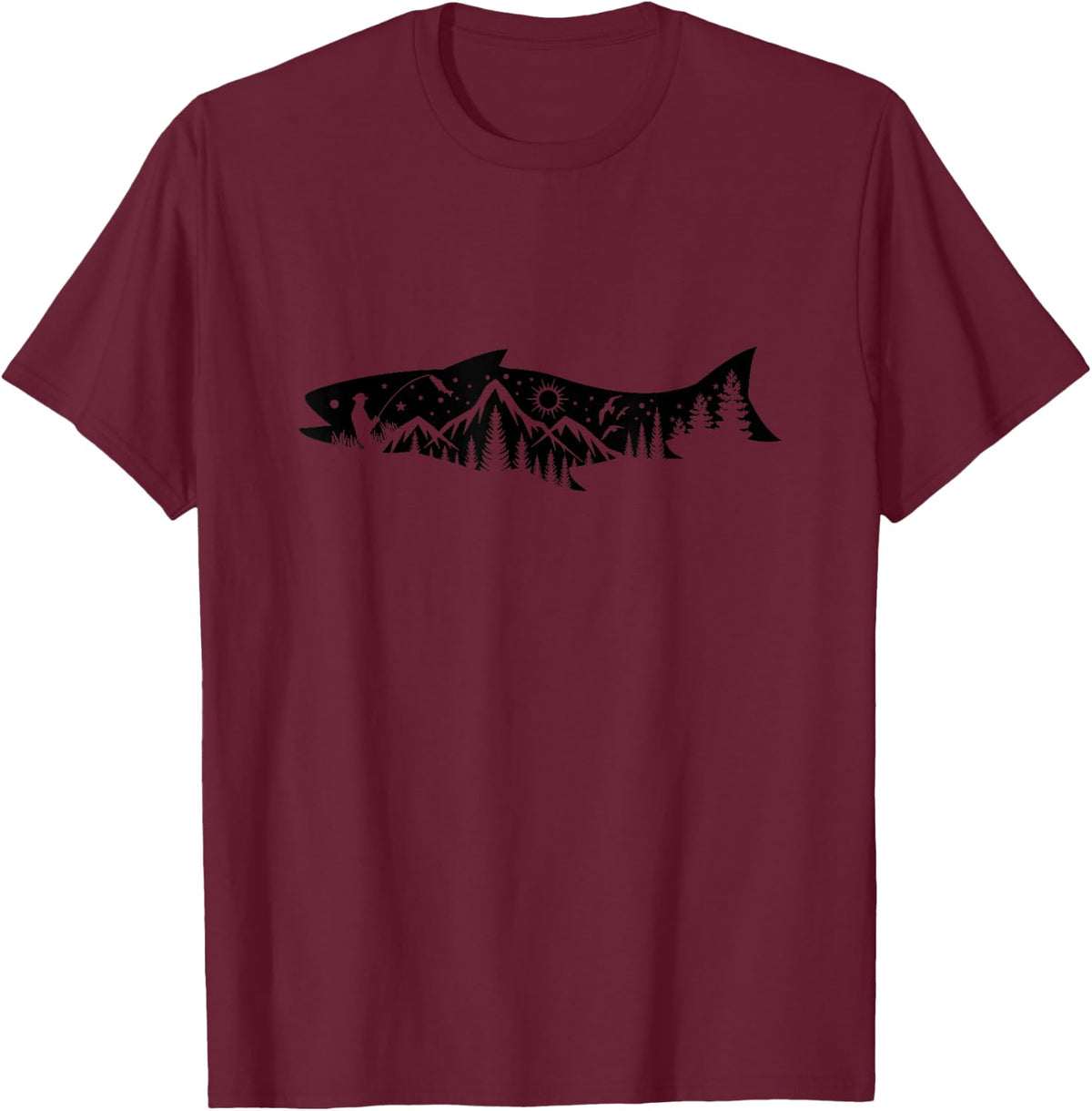 Fishing Forest Mountain Silhouette Outdoor Adventure Fishing T-Shirt - Burgundy