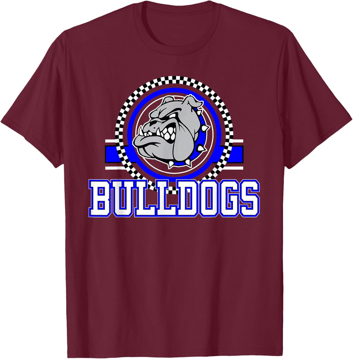 Bulldogs Checkered Print Logo Blue Bulldog Mascot School T-Shirt - Burgundy