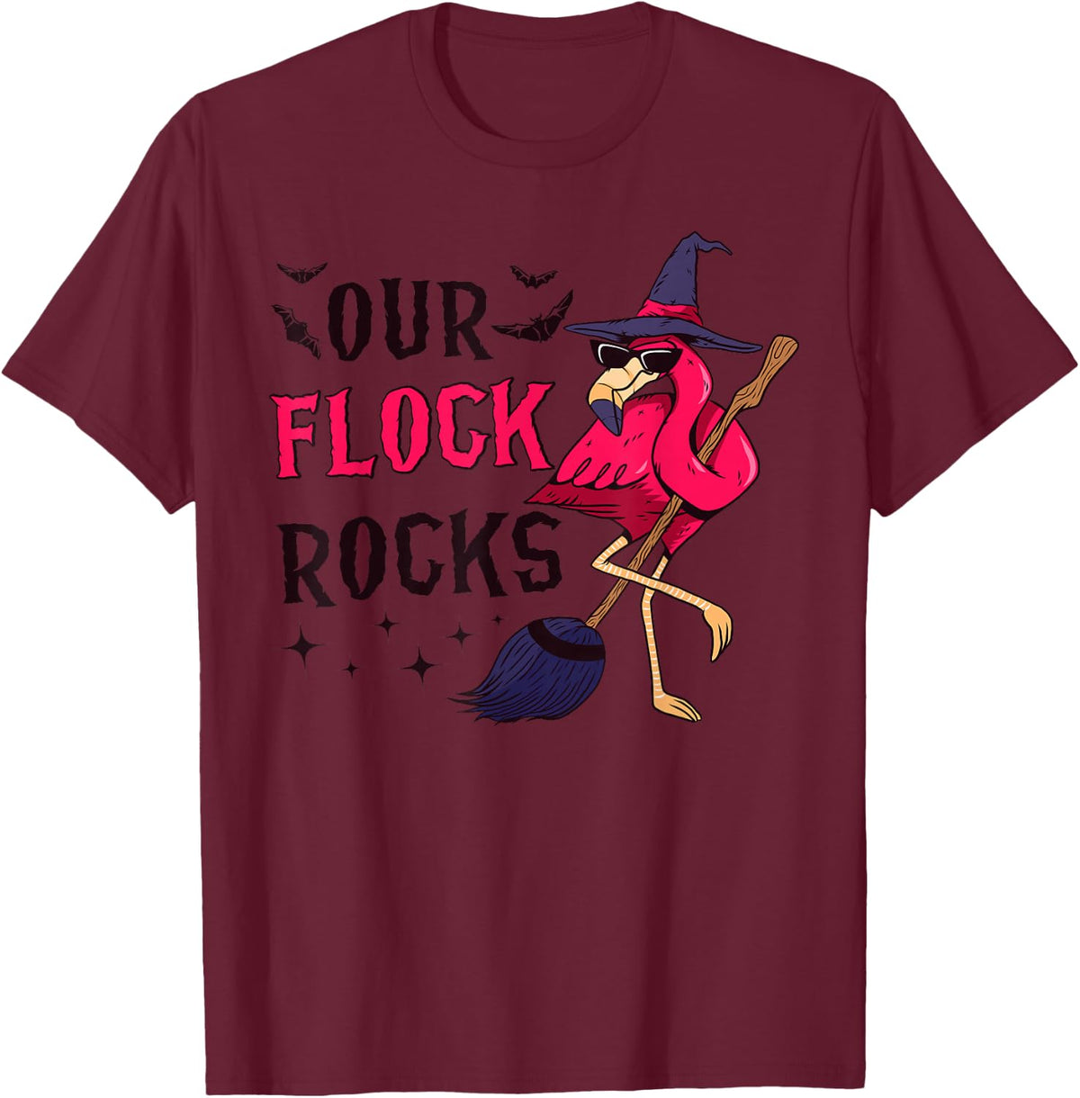 Our Flock Rocks Flamingo Halloween Funny Family Matching T-Shirt - Burgundy
