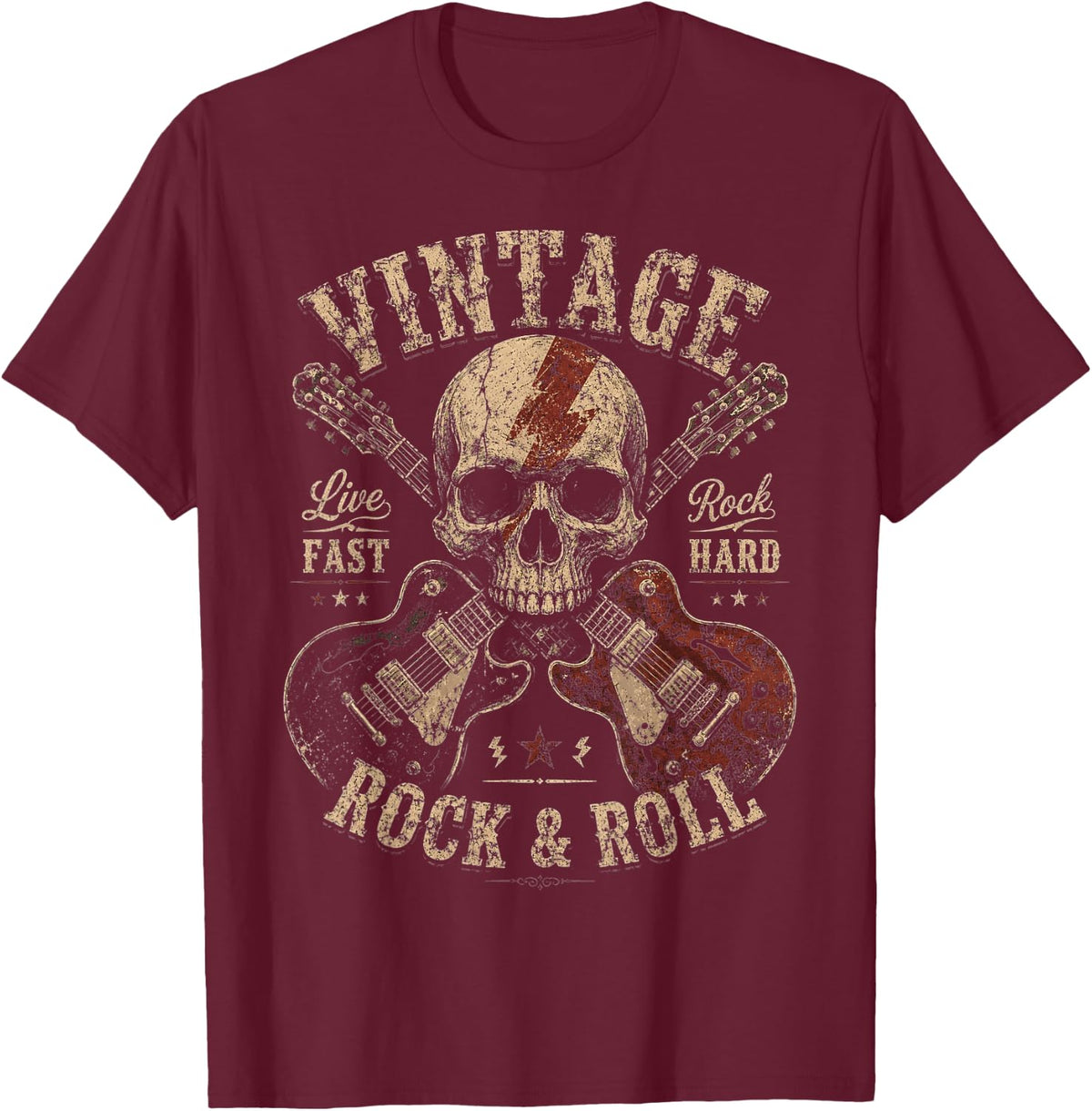 Vintage Rock and Roll Skull Guitarist American Flag Guitar T-Shirt - Burgundy