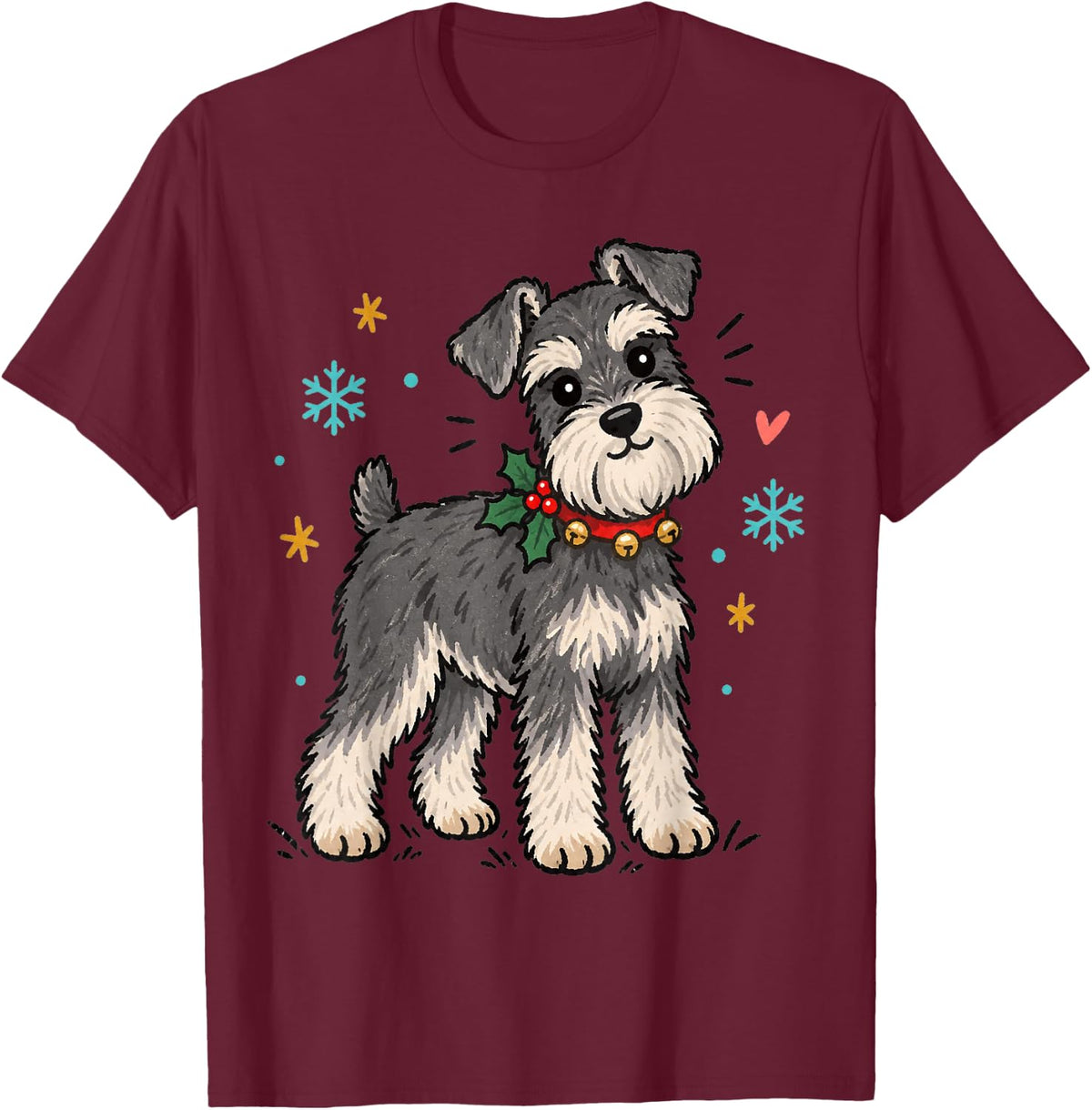 Miniature Schnauzer Christmas Cute Cartoon Dog Snowflakes T-Shirt - Burgundy