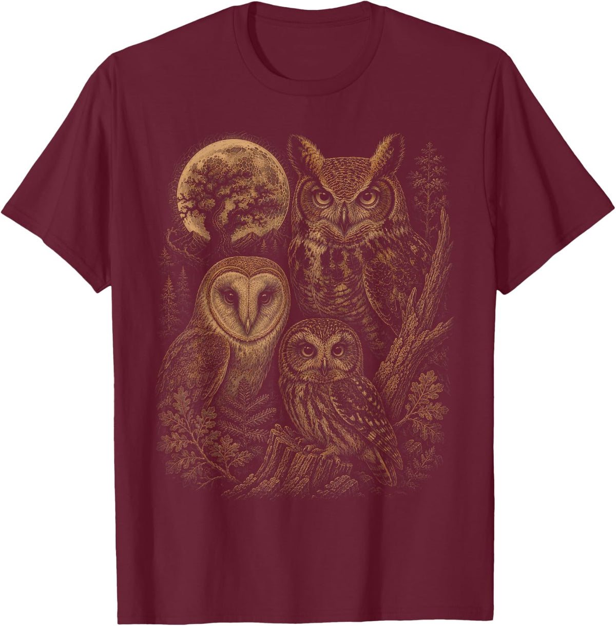 Great Horned Owl Graphics Bird Watcher 90s Vintage Owl Lover T-Shirt - Burgundy