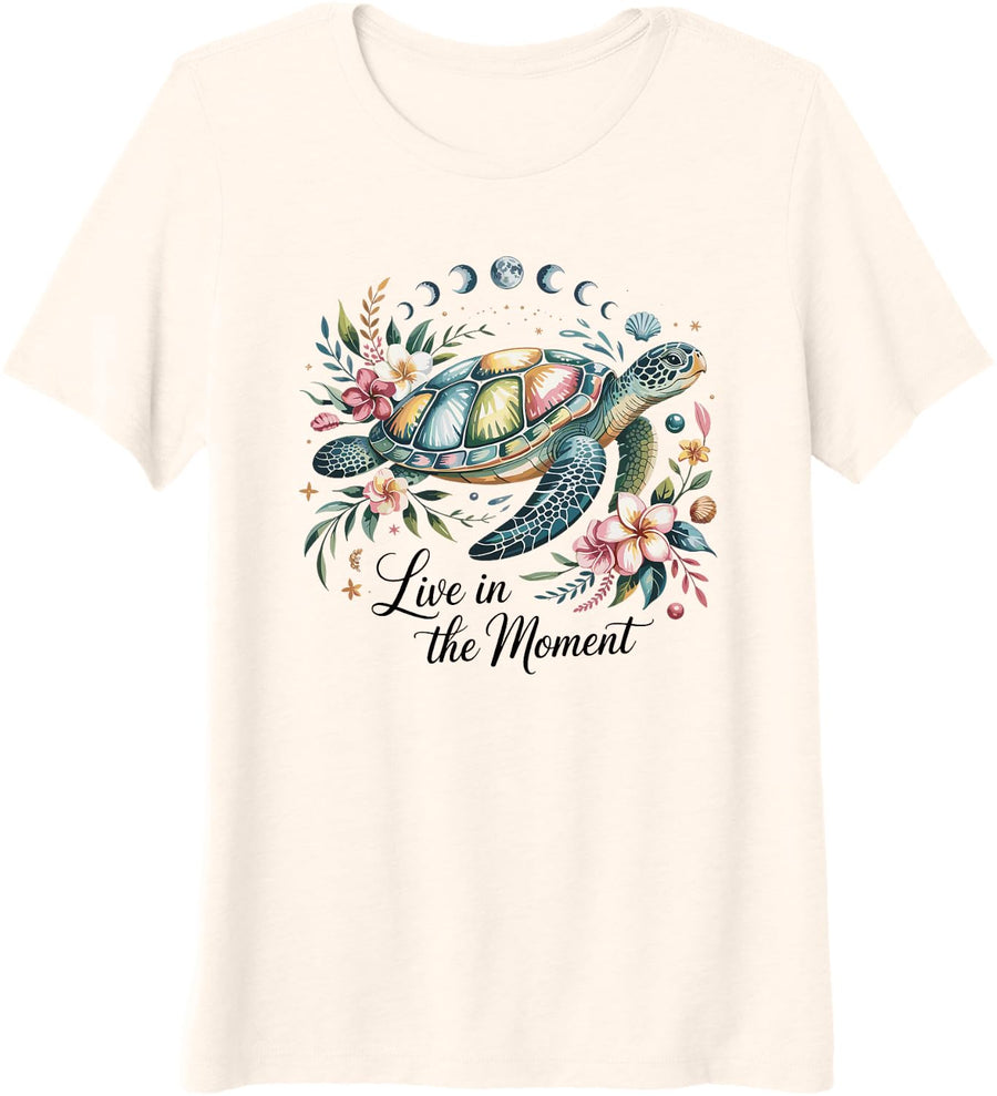 Watercolor Ocean Turtle Live in the Moment Floral Premium Tri-Blend T-Shirt - Beige