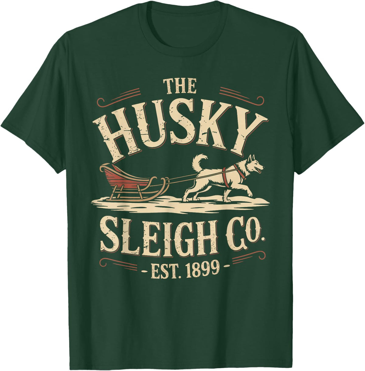 Retro Husky Sleigh Co Vintage Dog Christmas Tee T-Shirt for Dog Lovers - Dark Green