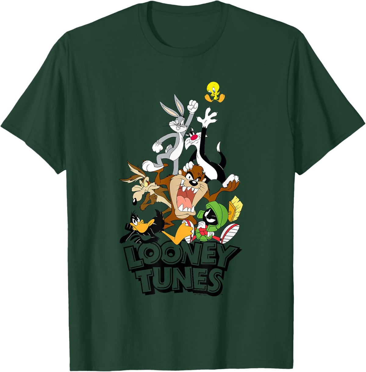 Looney Tunes Gang on Pink T-Shirt - Dark Green