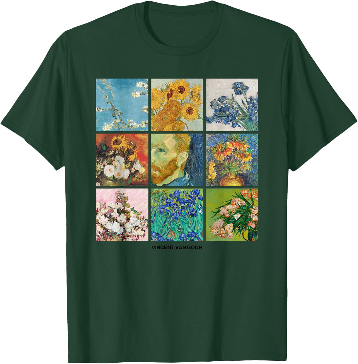 Vincent Van Gogh Flowers Grid - Post-Impressionism Art T-Shirt - Dark Green