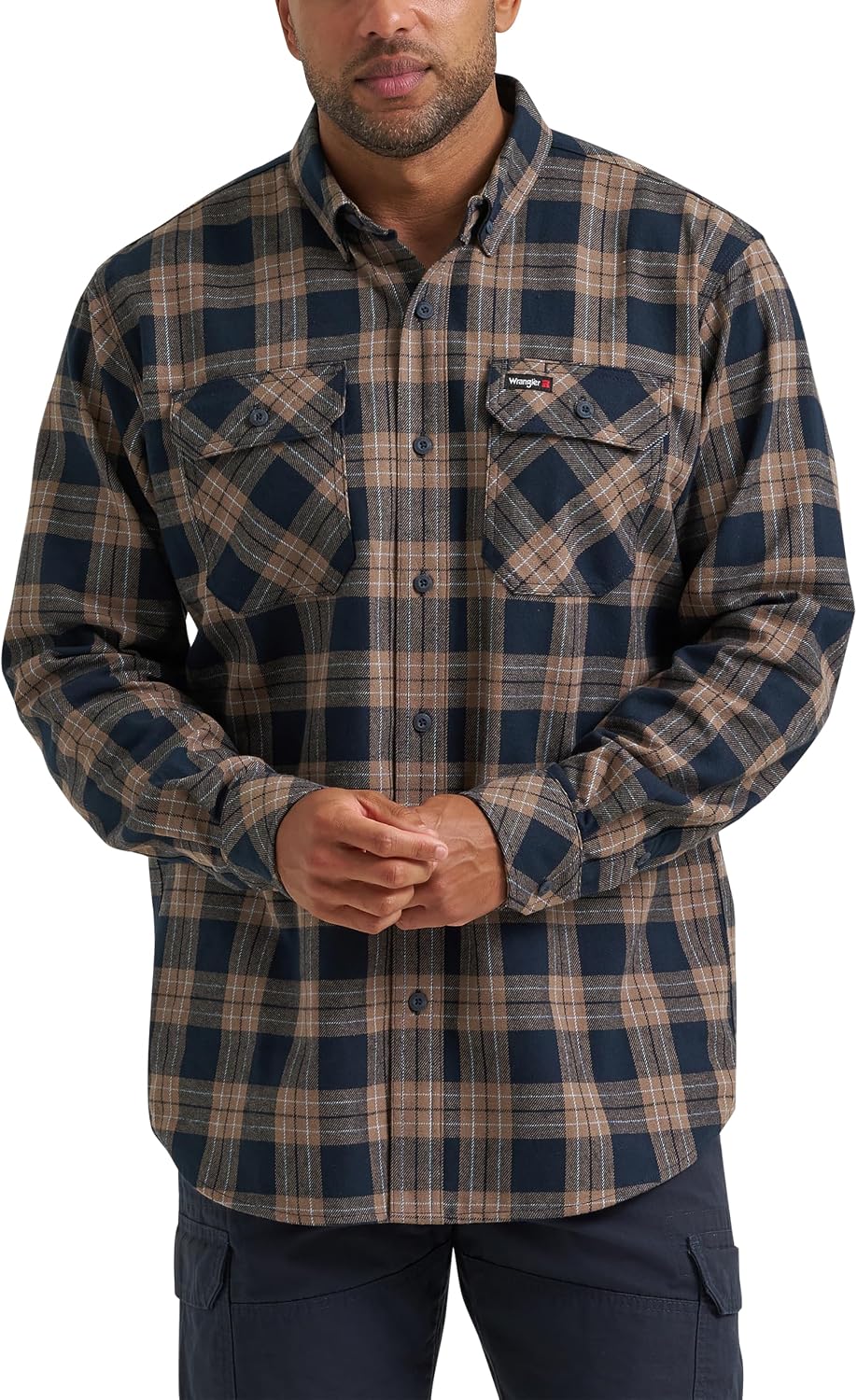 Wrangler Men's Long Sleeve Foreman Work Shirt - Navy Flannel Plaid