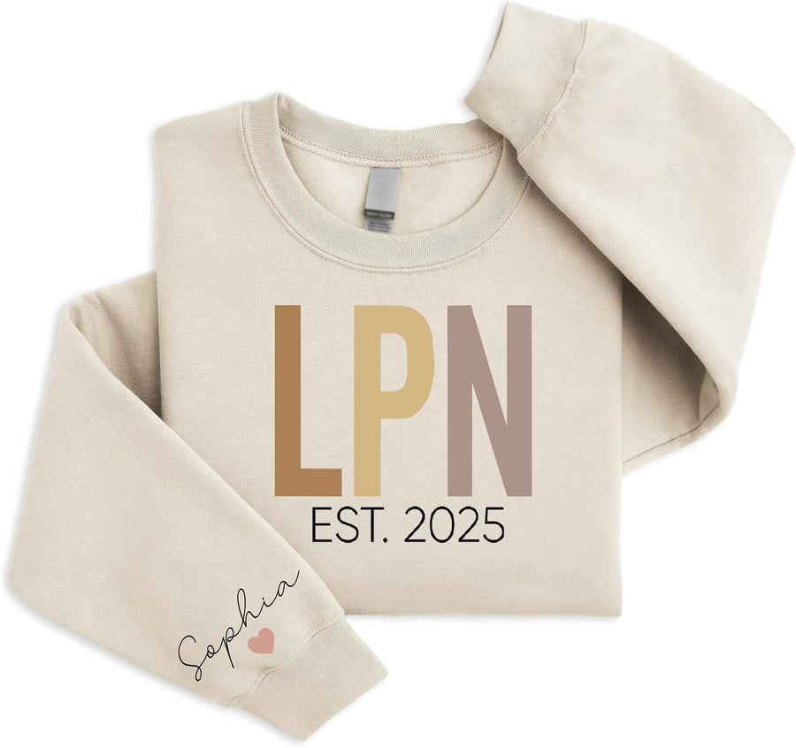 Custom LPN Sweatshirt with Name on Sleeve, Personalized Practical Nurse Crewneck Gift for Healthcare Clinic Nurse, Licensed
