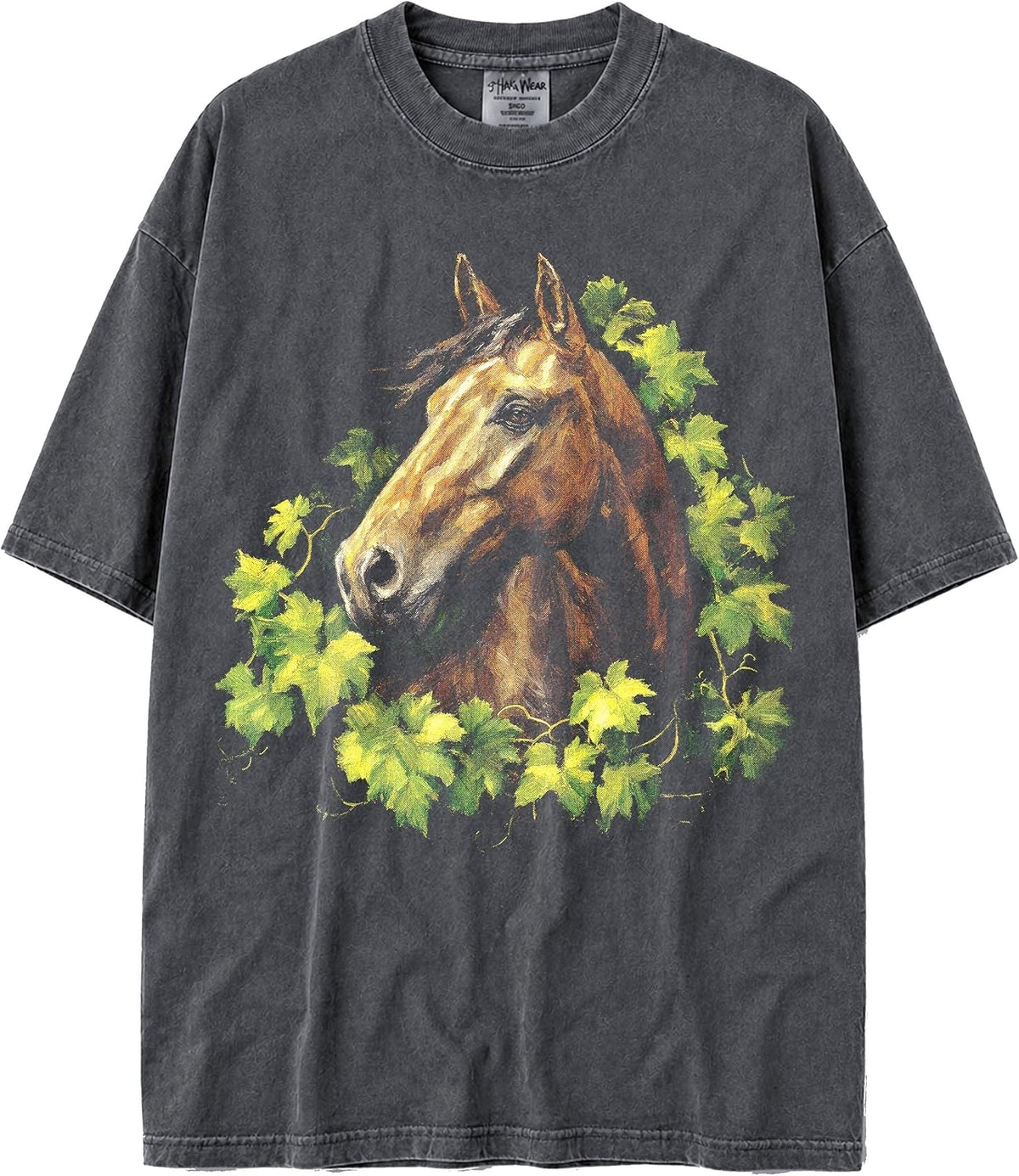 U.S.A. MAX-Heavyweight Faded Shaka Wear Oversized 7.5oz Cotton Tshirt for Men & Women of Animal Paintings - Brown Horse