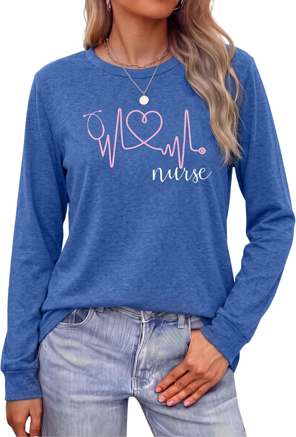 SFHFY Nurse Shirts Women: Nurse Life T-Shirt Casual Heartbeat Graphic Tee - Blue