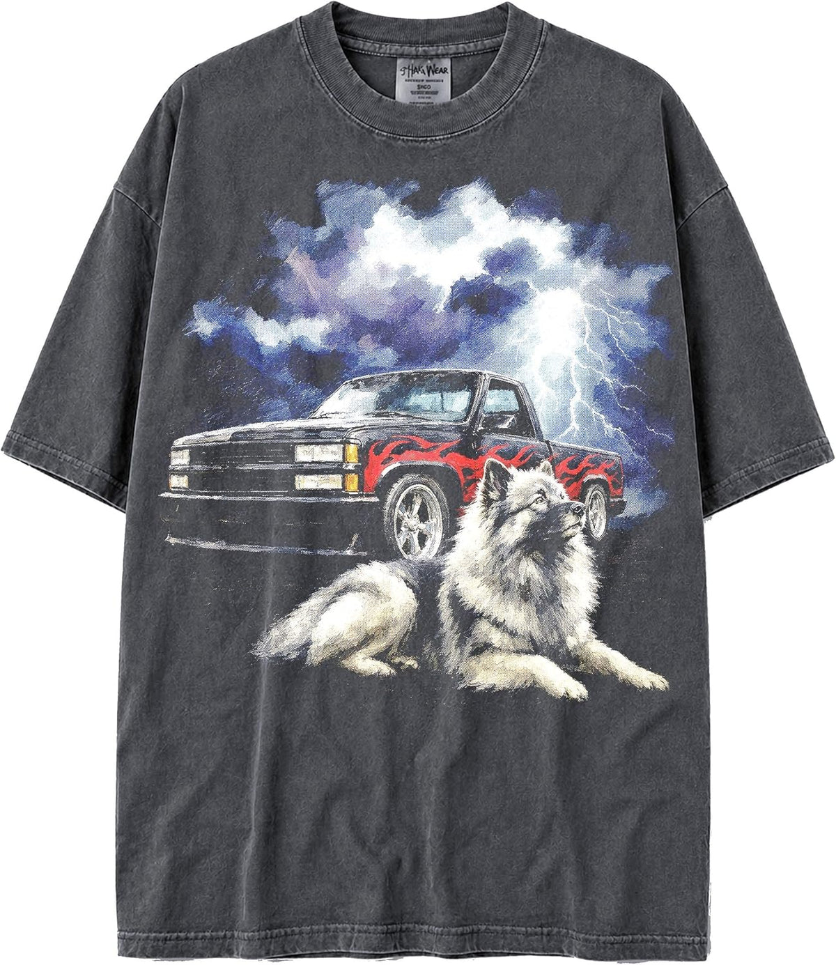 U.S.A. MAX-Heavyweight Shaka Wear Faded Oversized 7.5oz Cotton Tshirt with Animals, Truck Thunder and Flames - Keeshond
