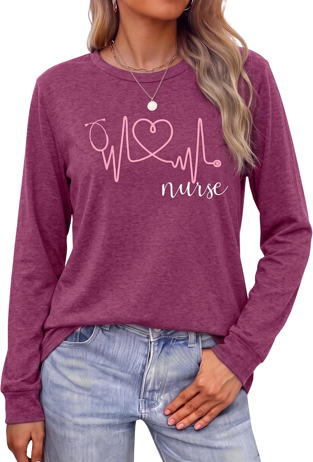 SFHFY Nurse Shirts Women: Nurse Life T-Shirt Casual Heartbeat Graphic Tee - Plum