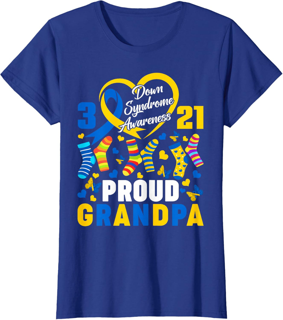 Proud Grandpa Down Syndrome Heart Yellow Blue Ribbon T-Shirt - Royal Blue