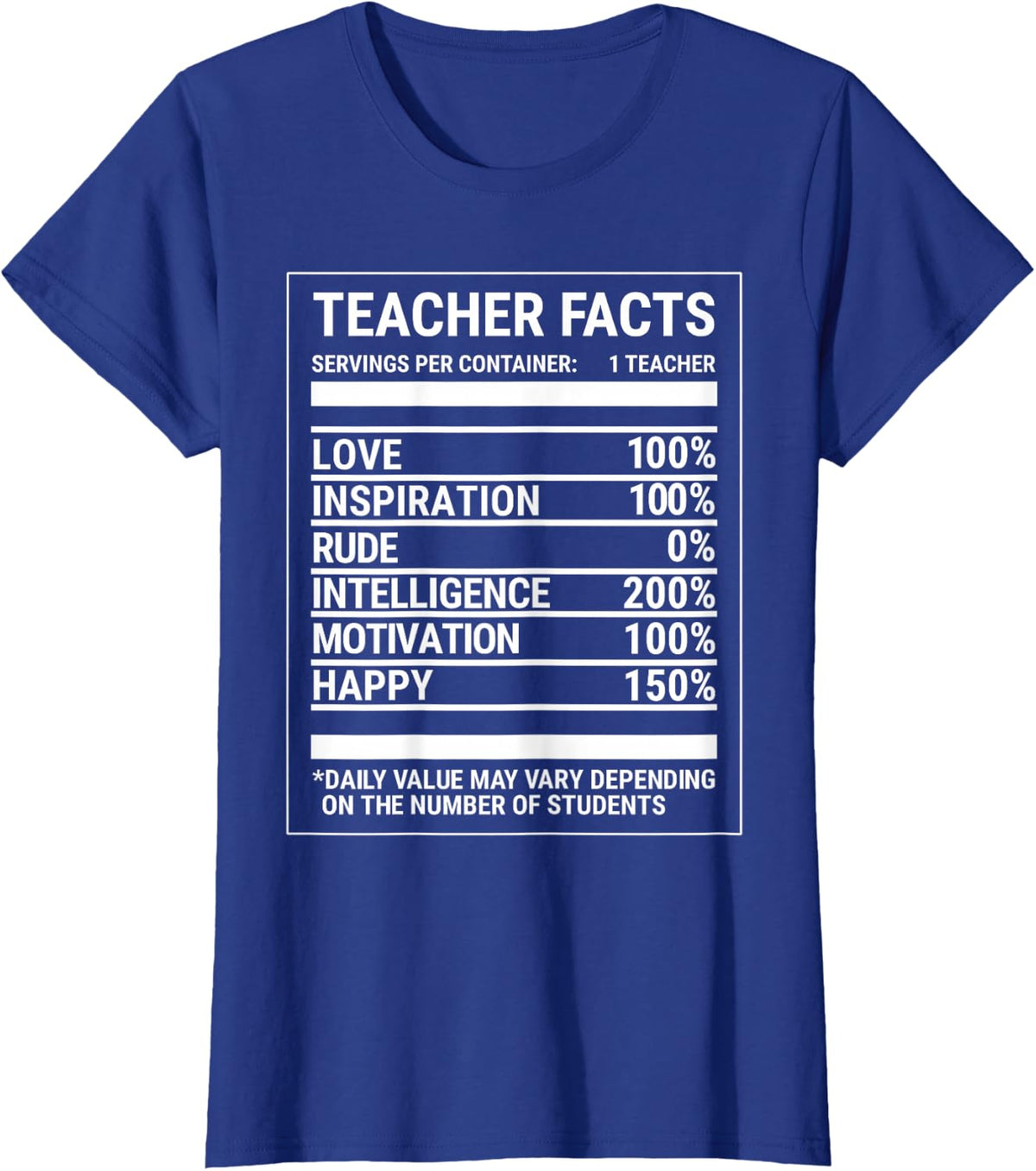 Teacher Facts Funny Teaching Nutritional Facts T-Shirt - Royal Blue