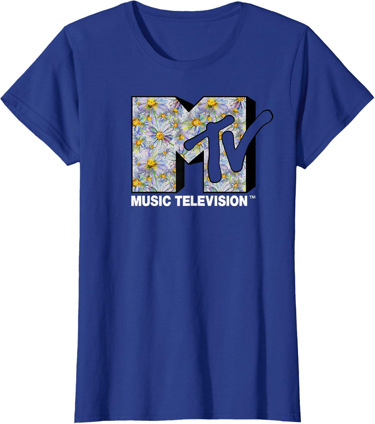 MTV Logo Watercolor Flowers Graphic T-Shirt T-Shirt - Royal Blue