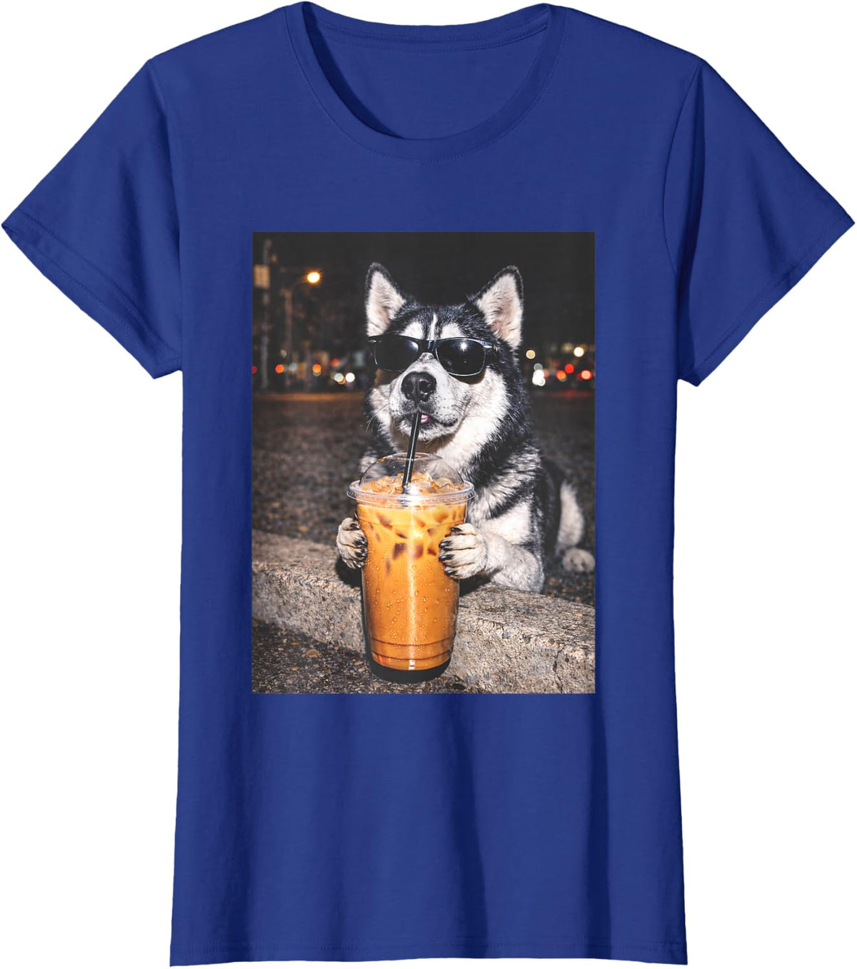 Funny Coffee Shirts for Women Men Siberian Husky Drinking Iced Coffee Meme Tees T Shirts - Royal Blue