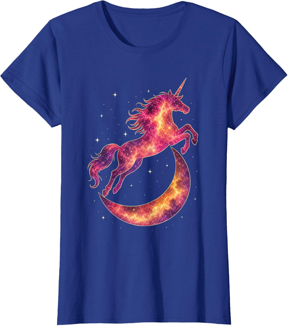 Unicorn Silhouette Galaxy Leaping Over Moon Space Stars T-Shirt - Royal Blue