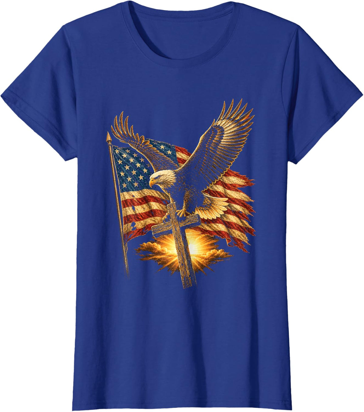 Patriotic Christian Bald Eagle American Flag Distressed T-Shirt - Royal Blue