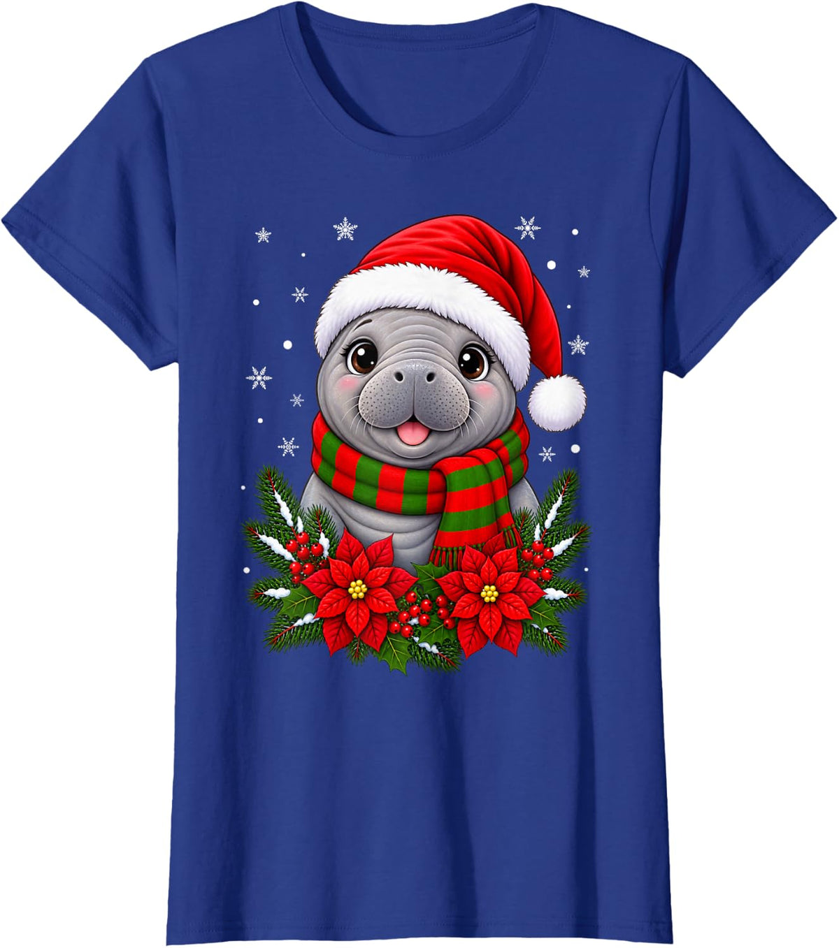 Cute Animal Festive Flowers Santa Hat Manatee Christmas T-Shirt - Royal Blue