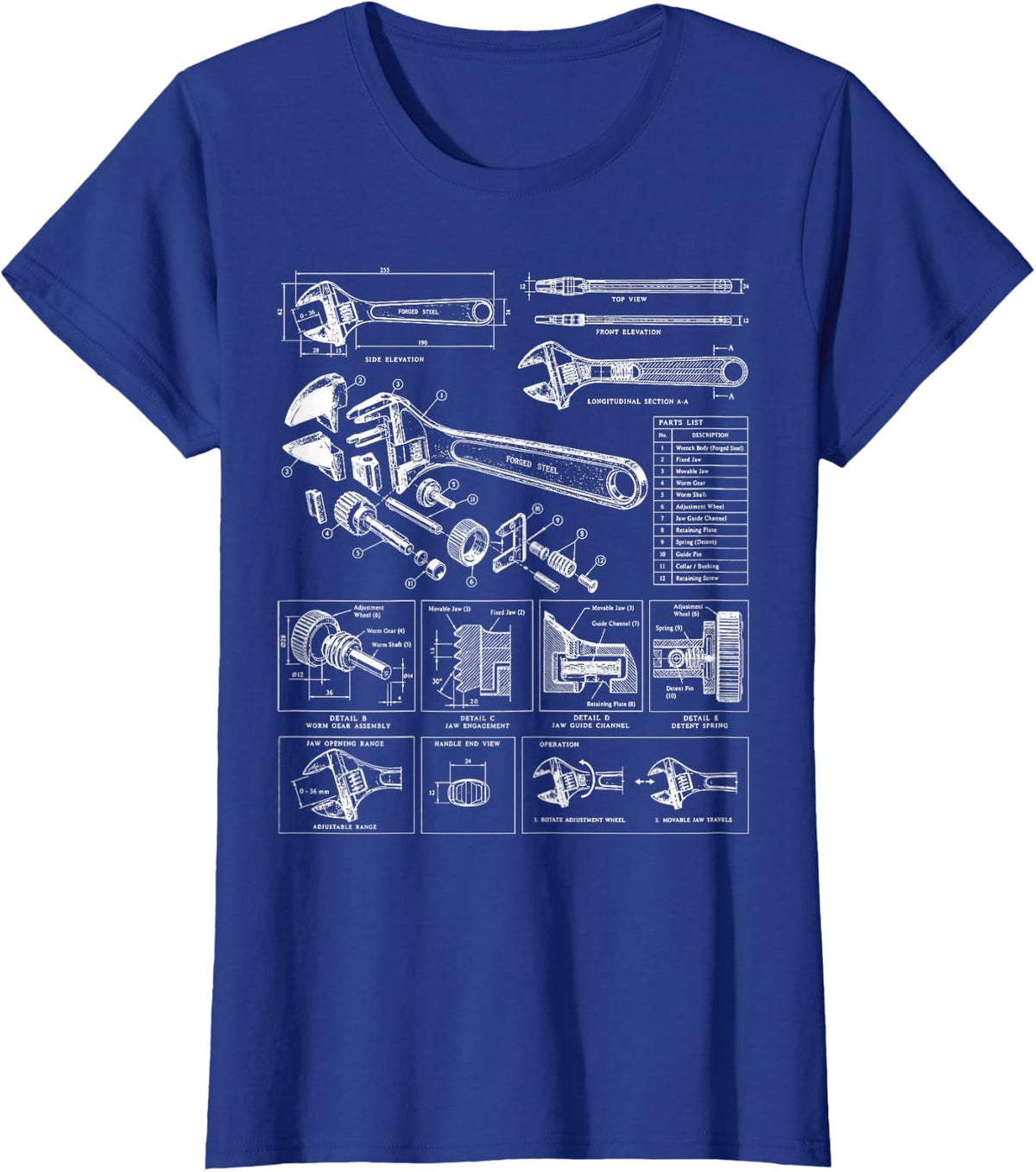 Adjustable Wrench Patent Mechanic Trades Engineering Tools T-Shirt - Royal Blue