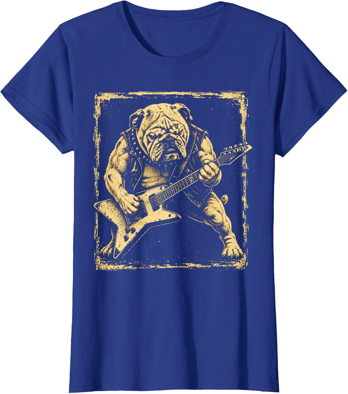 Funny Bulldog Dog Playing Guitar Rock Punk Vintage T-Shirt - Royal Blue