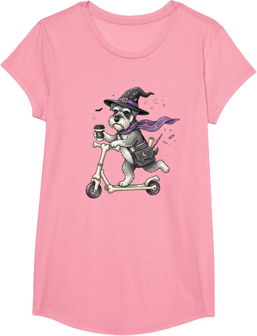 Miniature Schnauzer Scooter Witch Halloween Kids Mens Womens T-Shirt - Girls Pink