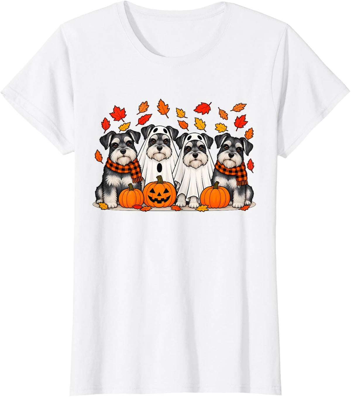 Miniature Schnauzer Ghost Fall Autumn Thanksgiving Halloween T-Shirt - White