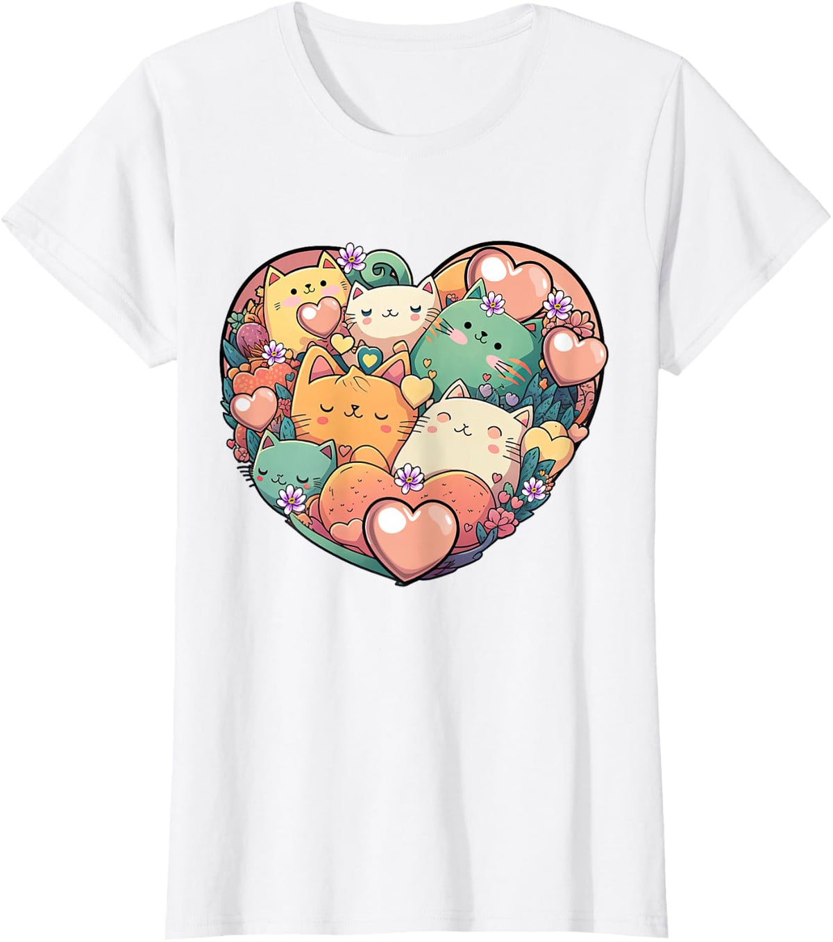 Kawaii Anime Cat Valentine's Day Heart Shaped Graphic Girls T-Shirt - White