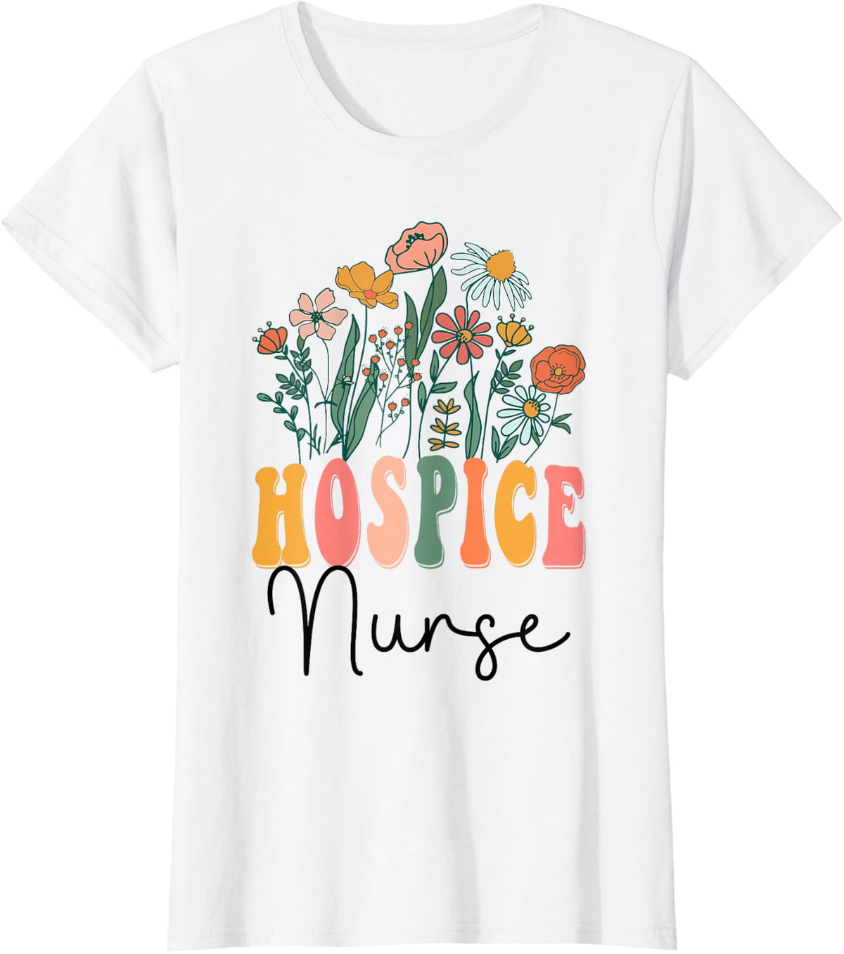Retro Groovy floral Hospice Nurse Wildflower Tees For Women T-Shirt - White