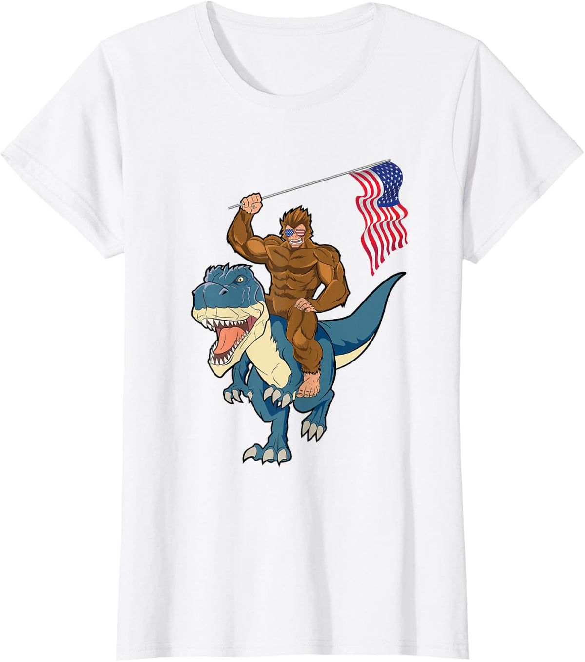 Bigfoot Riding Dinosaur T Rex Funny 4th Of July Sasquatch T-Shirt - White