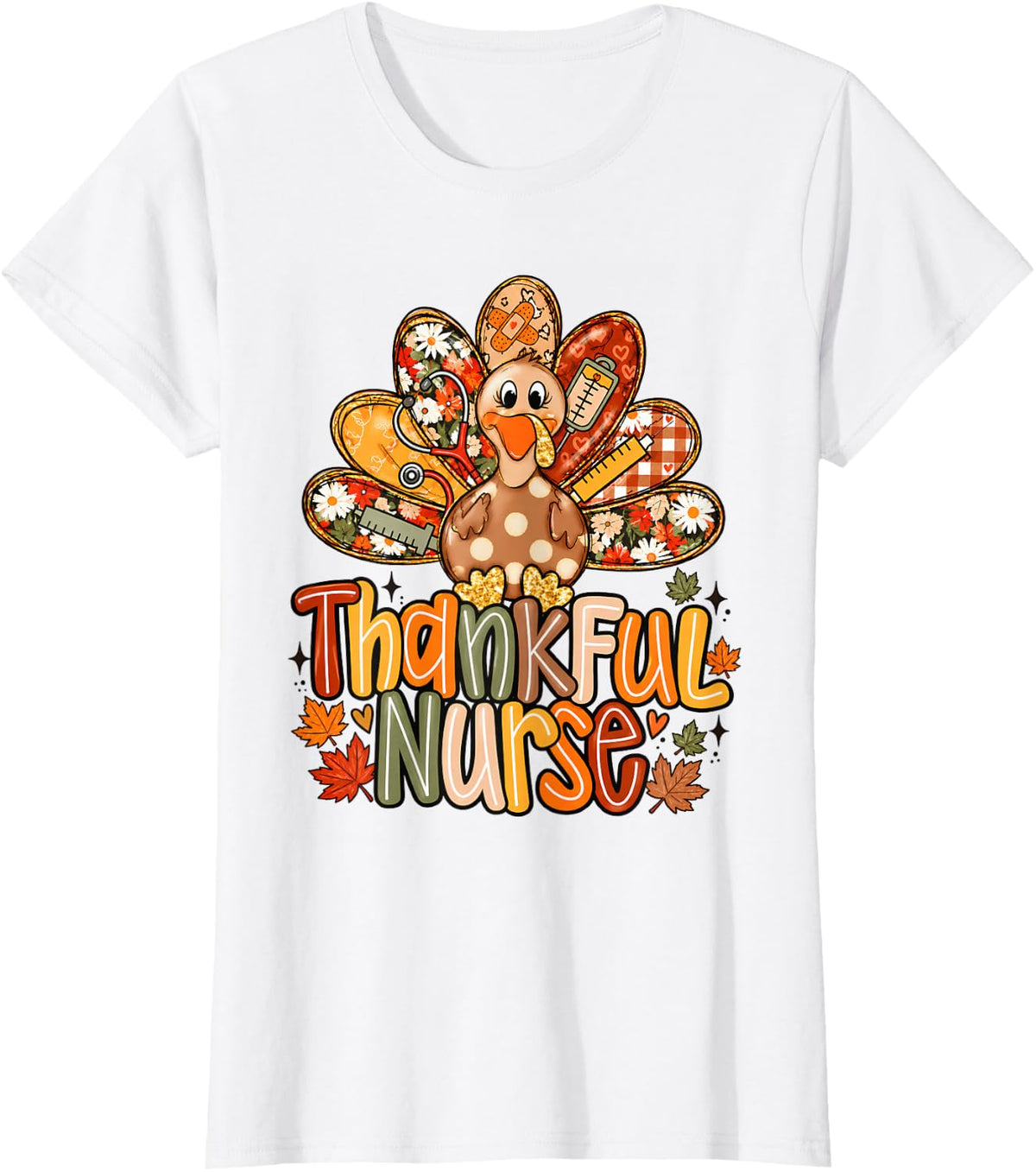 Thanksgiving Nurse Turkey Stethoscope Fall RN Nursing Humor T-Shirt - White