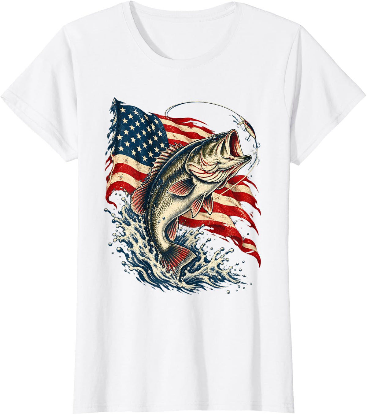 Bass Fishing American Flag Patriotic Largemouth Fisherman T-Shirt - White