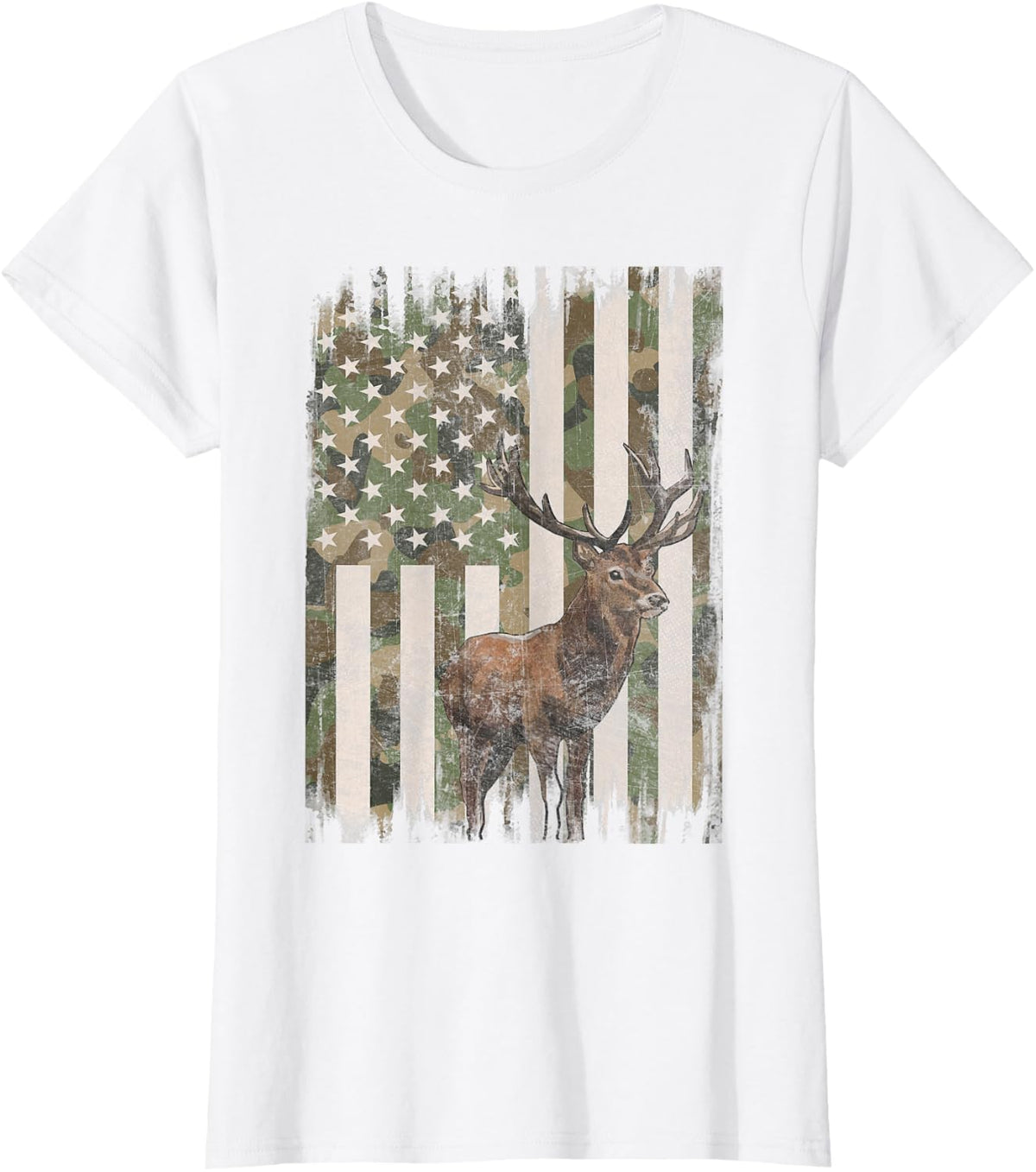 Deer Hunting Whitetail Camo American US Flag Elk Buck T-Shirt - White