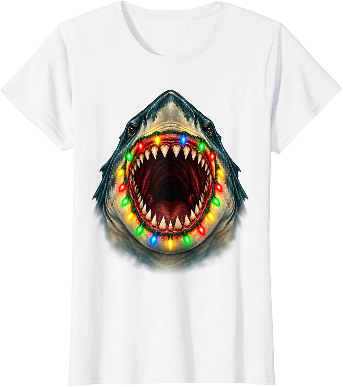 Santa Hat Shark Christmas Lights Shark with Christmas Teeth T-Shirt - White
