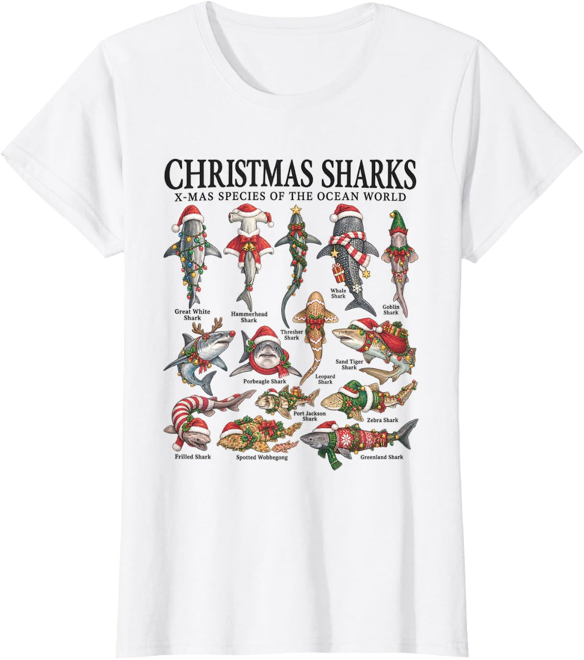 Shark Lover Christmas Sharks X-mas Species the Ocean World T-Shirt - White