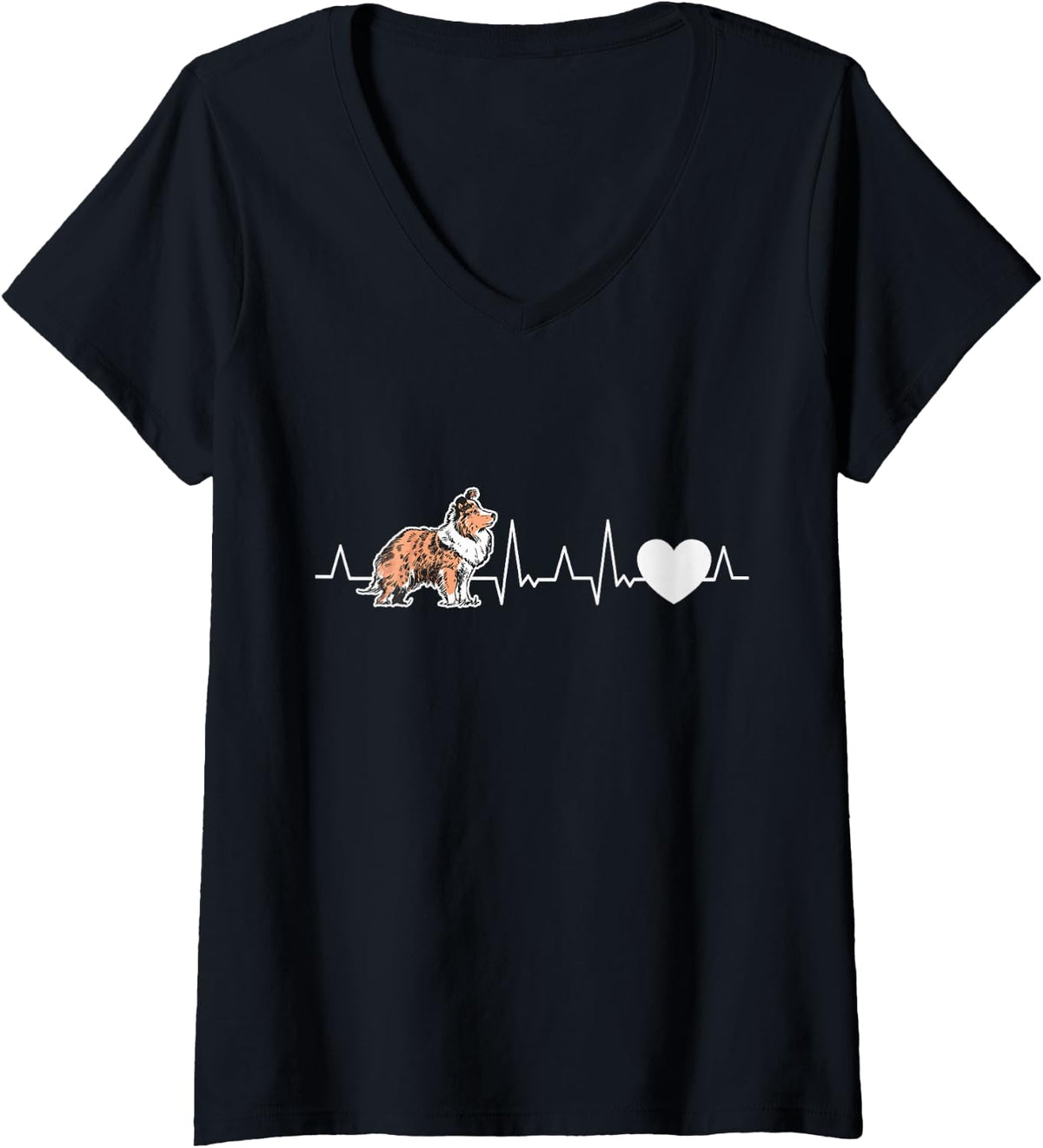 Womens Shetland Sheepdog Heartbeat Sheltie V-Neck T-Shirt - Black