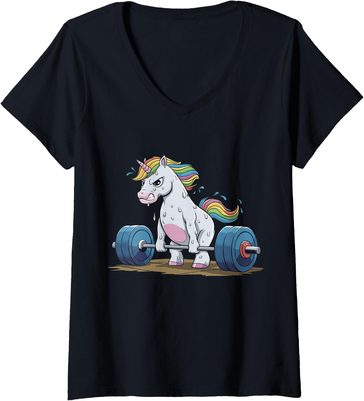 Women's Funny Unicorn Weightlifting Deadlift Fitness Gym Barbell V-Neck T-Shirt - Black