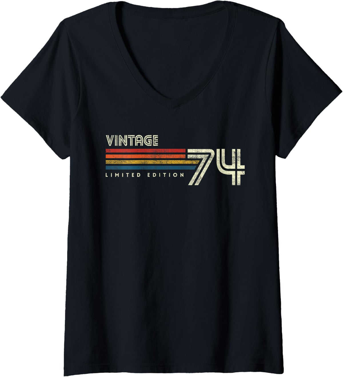 Womens Vintage 1974 Chest Stripe Birthday V-Neck T-Shirt - Black