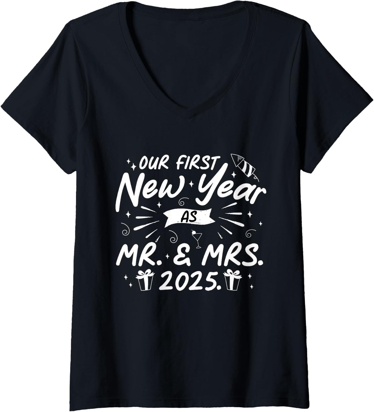 Women's Our First New Year As Mr and Mrs Married Couples Men Women V-Neck T-Shirt - Black