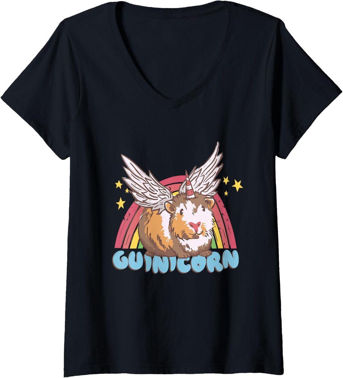 Women's Guinicorn Guinea Pig Cute Animal Wordplay V-Neck T-Shirt - Black