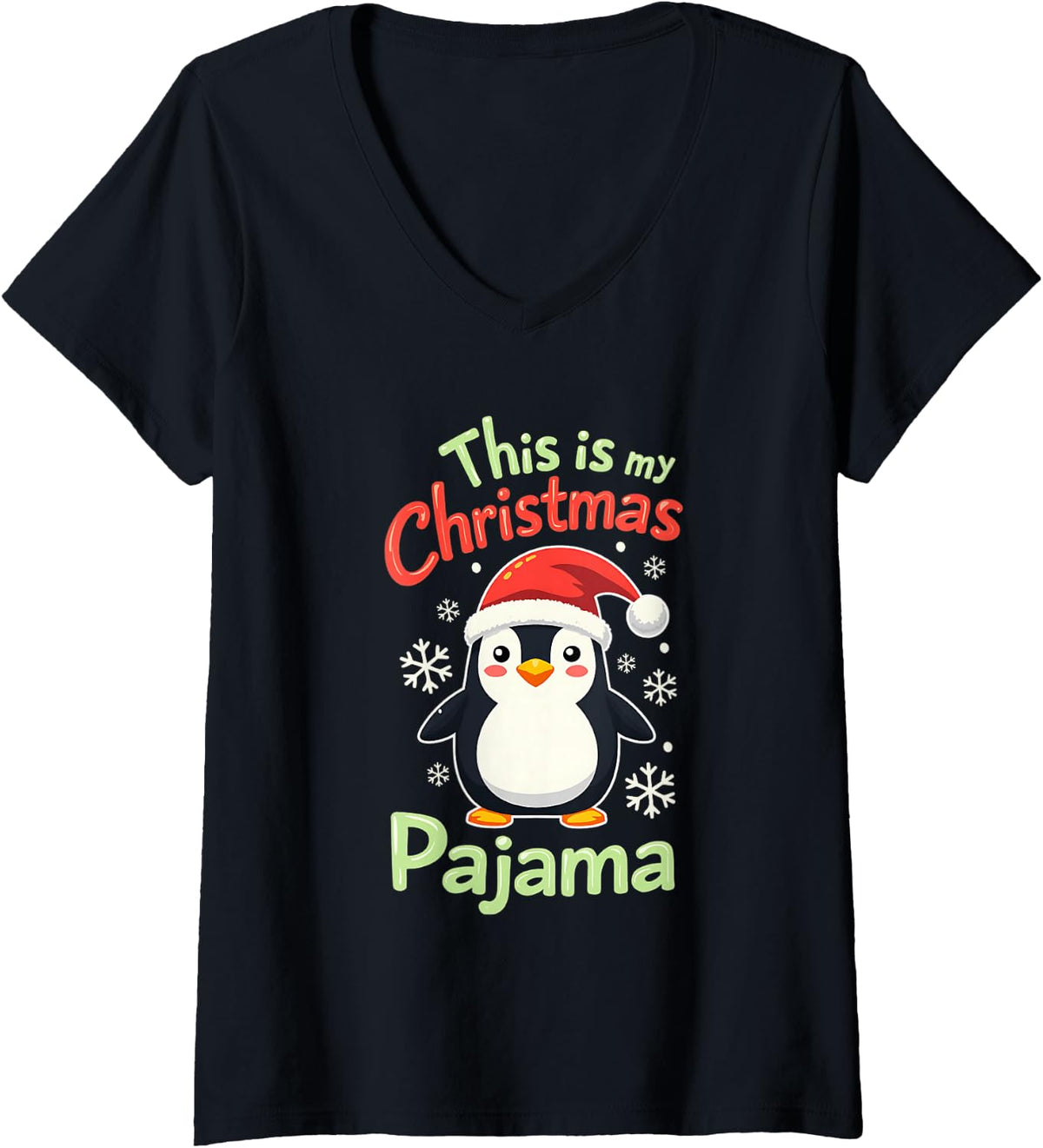 Women's This is My Christmas Pajama Penguin Xmas Men Women Kids V-Neck T-Shirt - Black