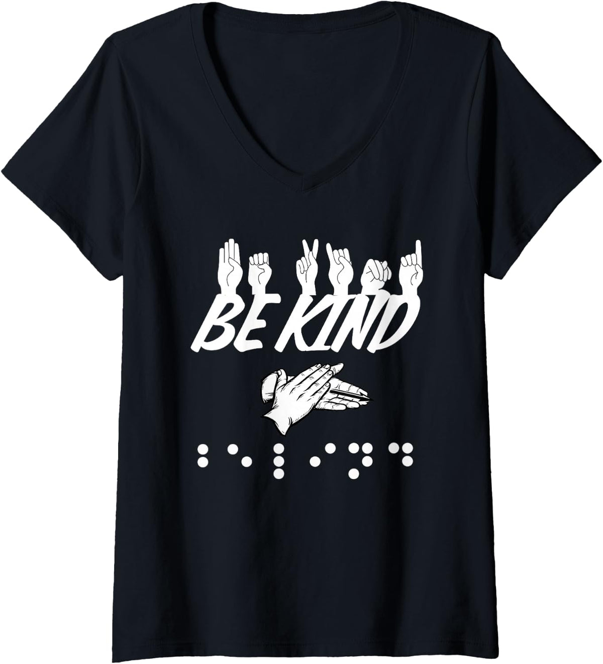 Women's Be Kind ASL Braille American Sign Language Accessibility V-Neck T-Shirt - Black