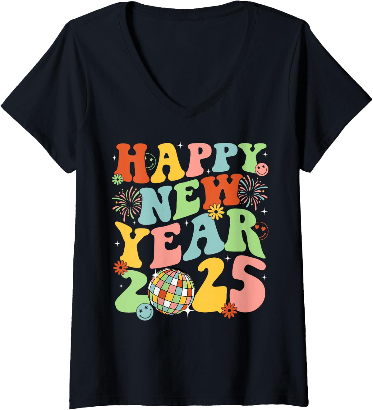 Women's Happy New Year Party 2025 Groovy Family Matching Men Women V-Neck T-Shirt - Black