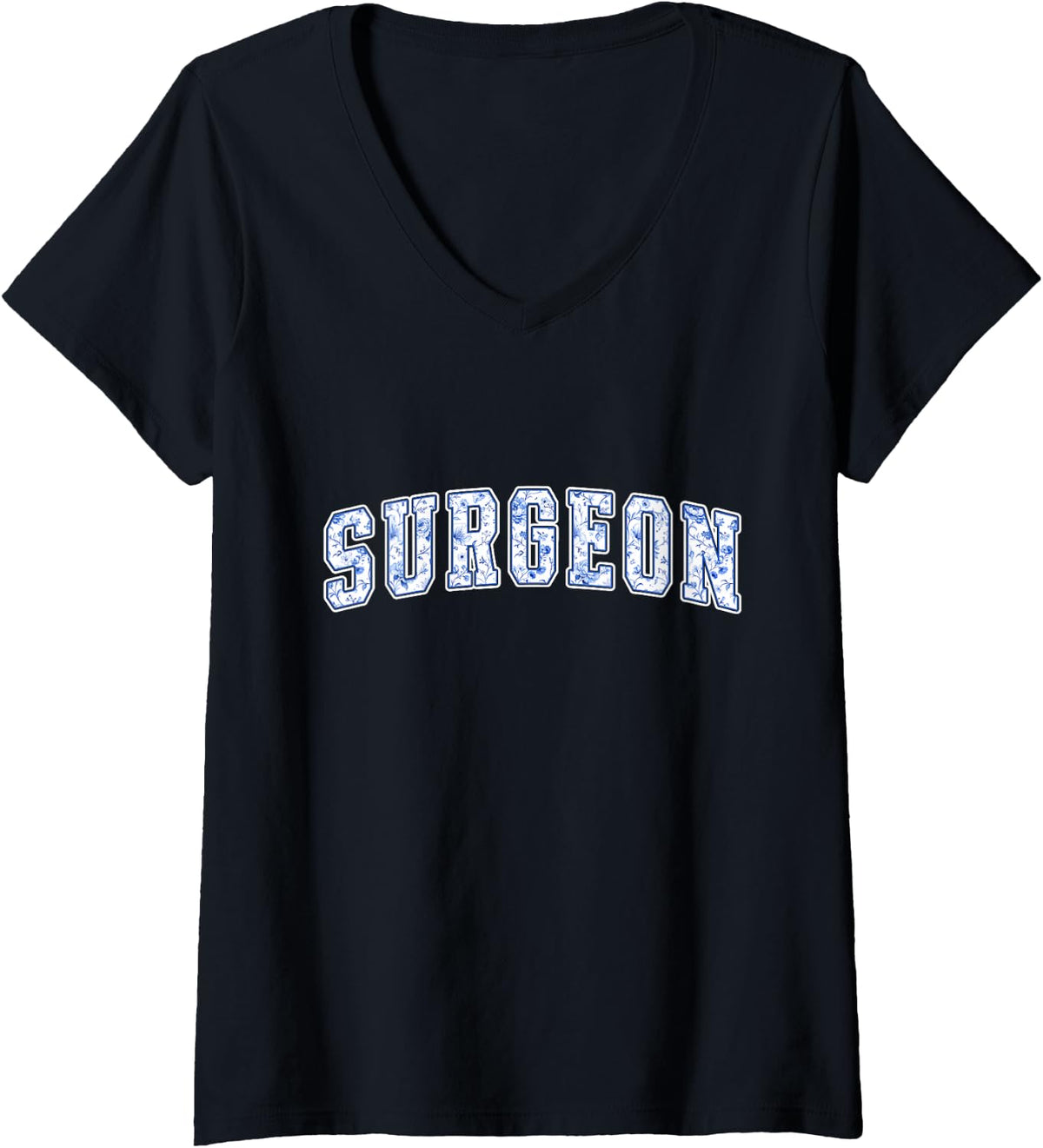 Women's Surgeon Blue Floral Varsity Letters Female Surgeon Doctor V-Neck T-Shirt - Black